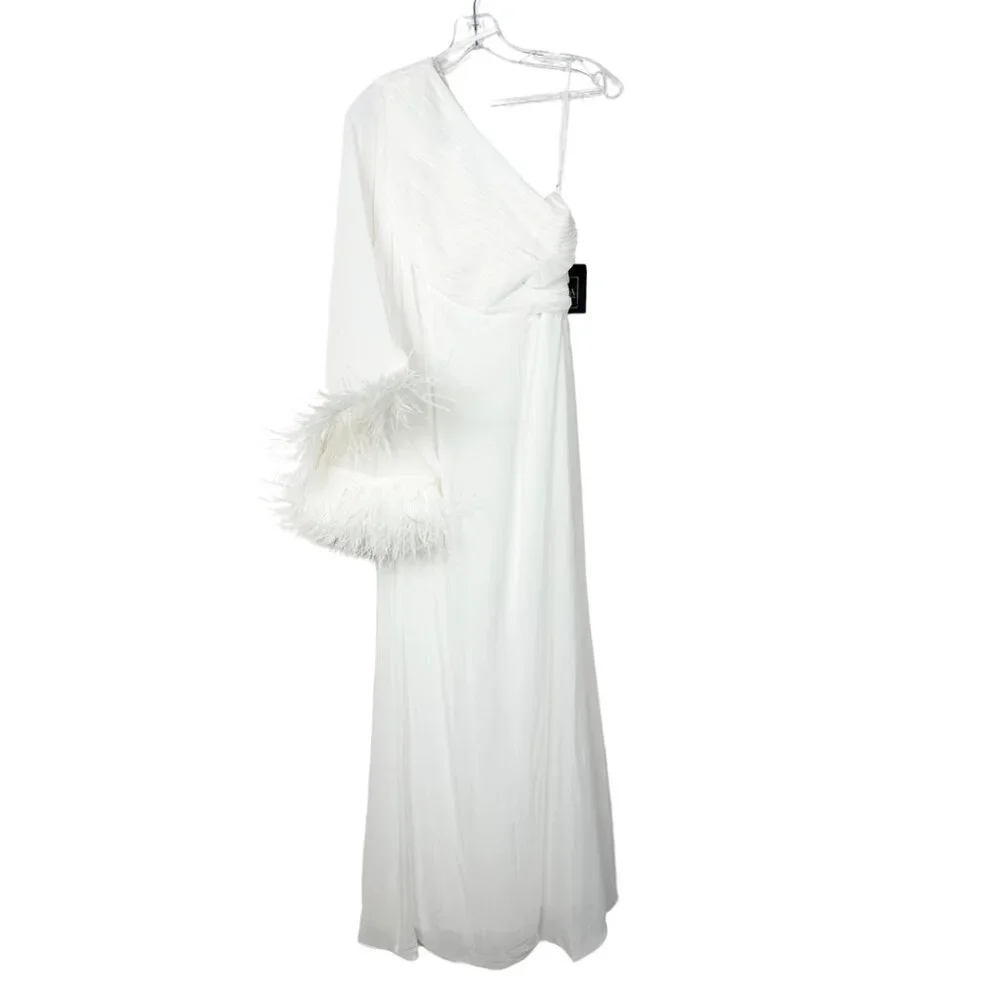 NWT Mac Duggal Feather Cuff One Shoulder Ruched Gown White 4 - Picture 4 of 9